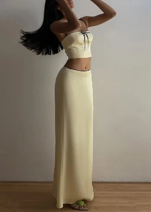 Yellow Bow Spaghetti Strap Tank and Skirts Silk Two Pieces Set Sleeveless