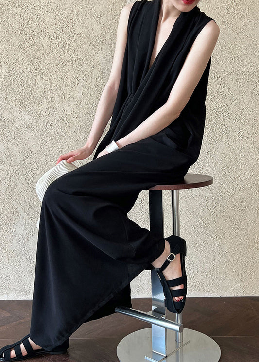 Black Asymmetrical Design Cotton Dress V Neck Sleeveless