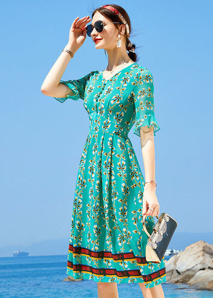 Peacock Green V Neck Print Elastic Waist Silk Dress Short Sleeve
