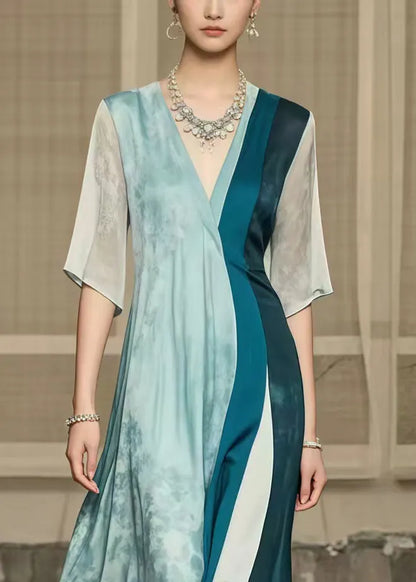 Boutique Polychrome Asymmetrical Patchwork Draping Silk Dresses Summer