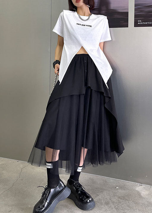 Black Elastic Waist Button Asymmetrical Tulle Patchwork Skirts Spring