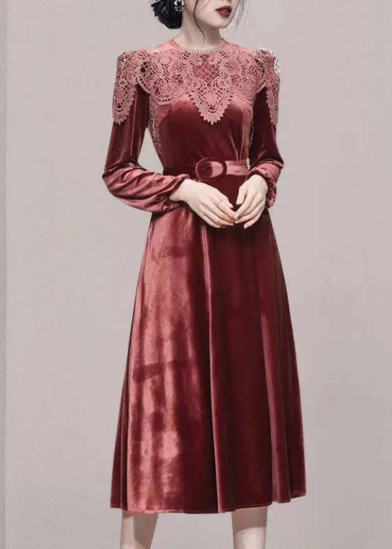 Brick Red Lace Tunic Patchwork Velour Long Dresses Fall