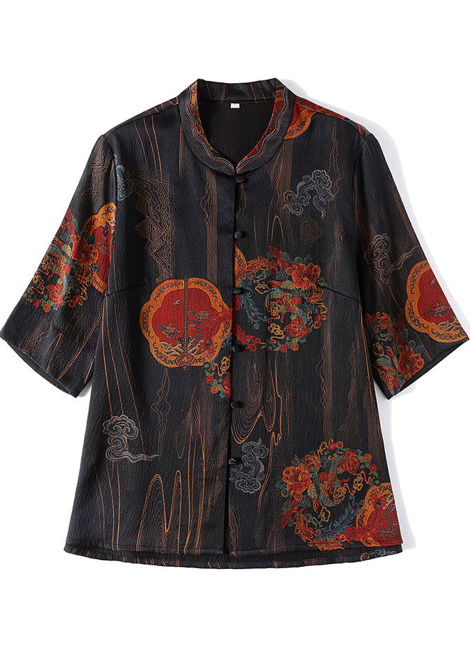 Retro Black Print Stand Collar Button Silk Blouse Top Half Sleeve