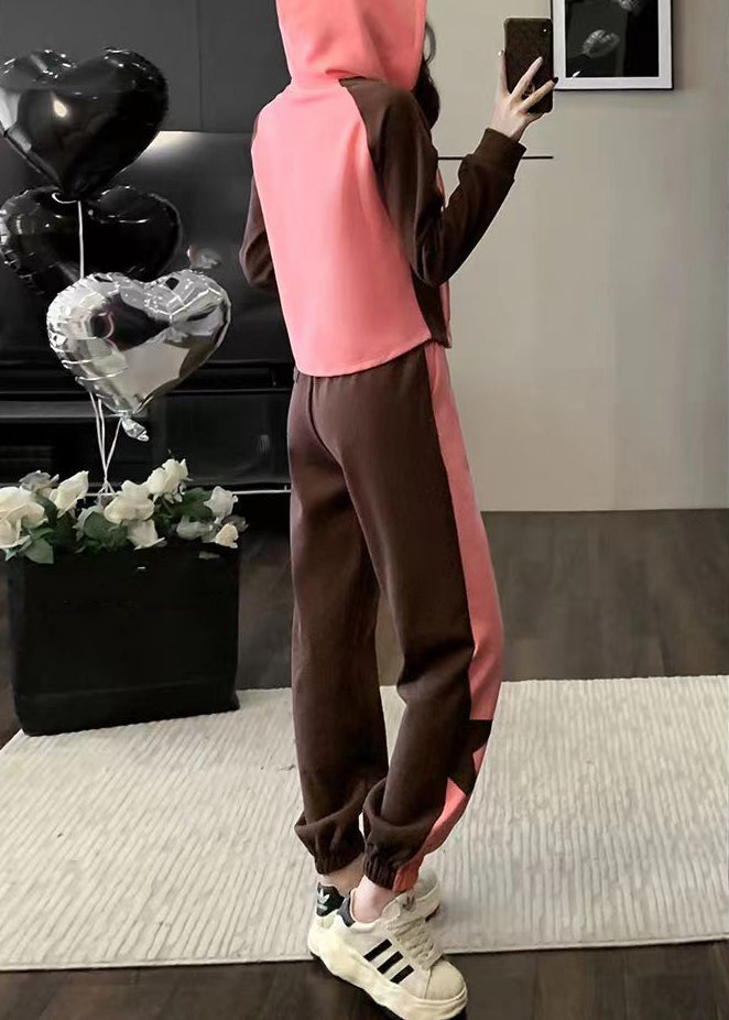 Pink Hooded Zippered Patchwork Cotton Two Pieces Set Long Sleeve