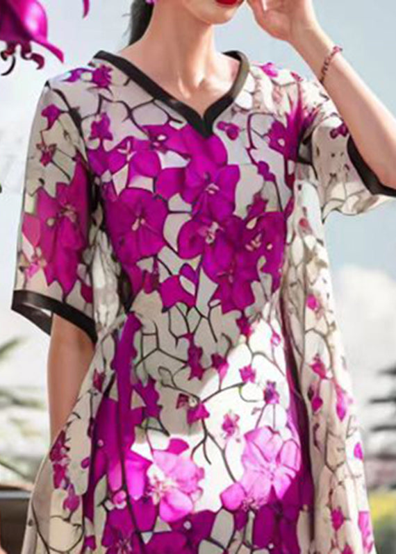 Unique Purple V Neck Print Silk Maxi Dress Short Sleeve