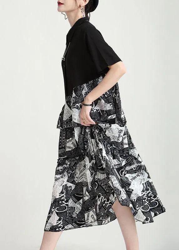 Natural Black Print Patchwork Summer Button Maxi Dresses