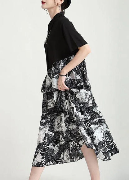 Natural Black Print Patchwork Summer Button Maxi Dresses
