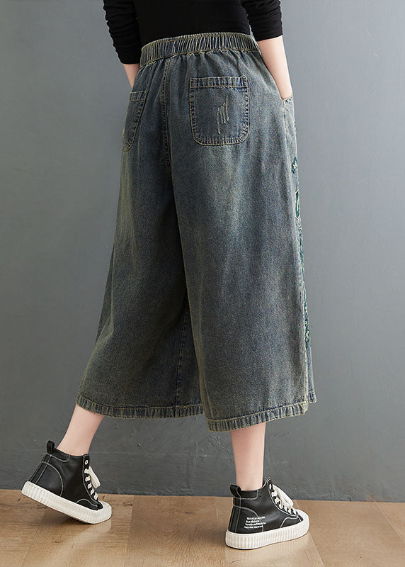 Blue Elastic Waist Drawstring Embroideried Pockets Cotton Denim Crop Pants Summer