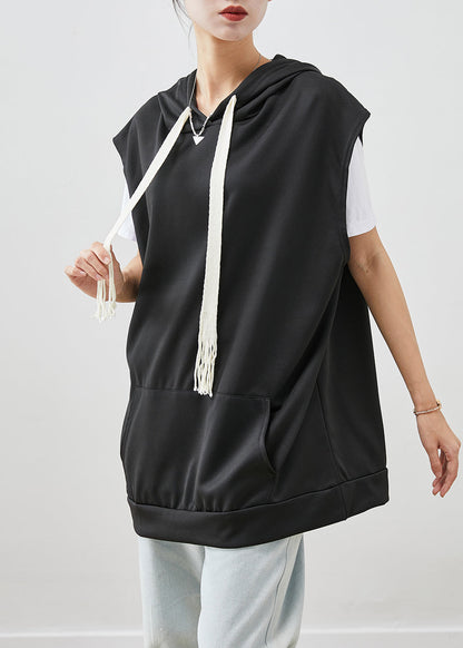 Black Hooded Drawstring Cotton Vest Fall