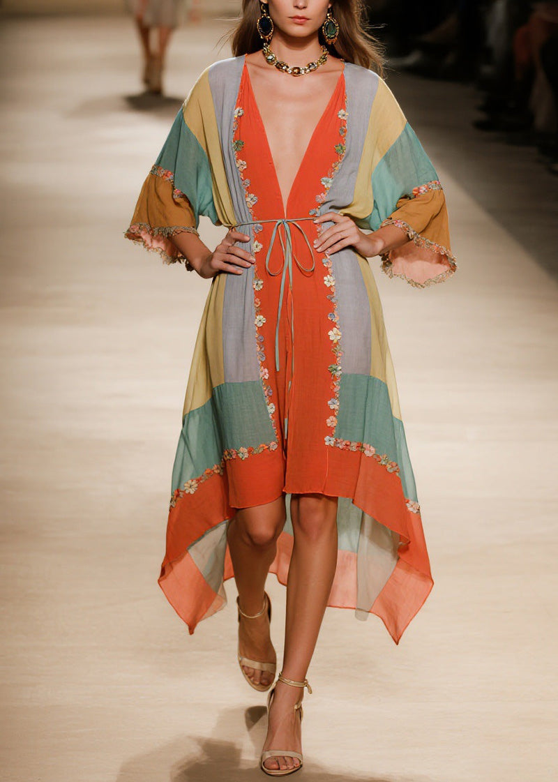 Handmade V Neck Asymmetrical Design Cotton Dress Summer
