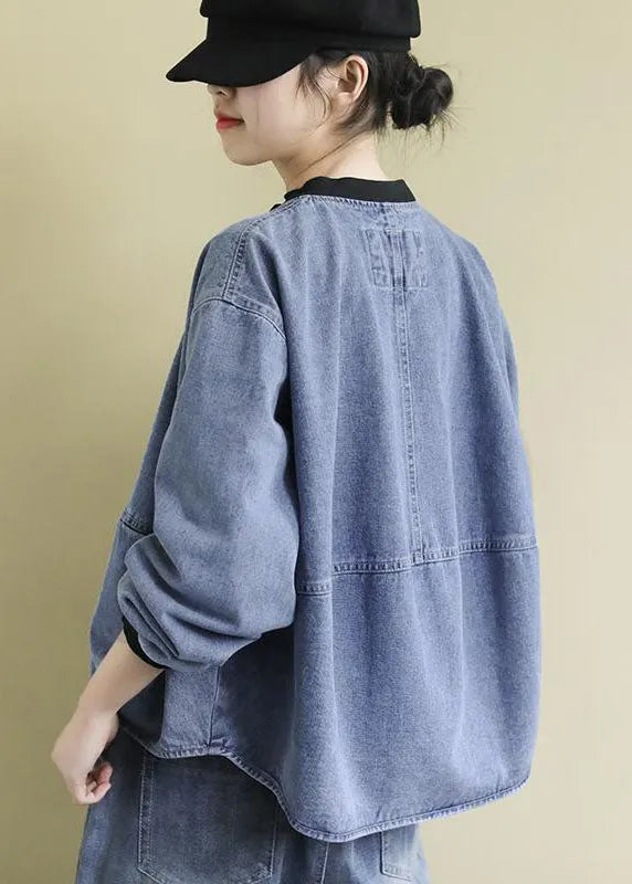 Blue Stand Collar Patchwork Cotton Denim Coats Fall