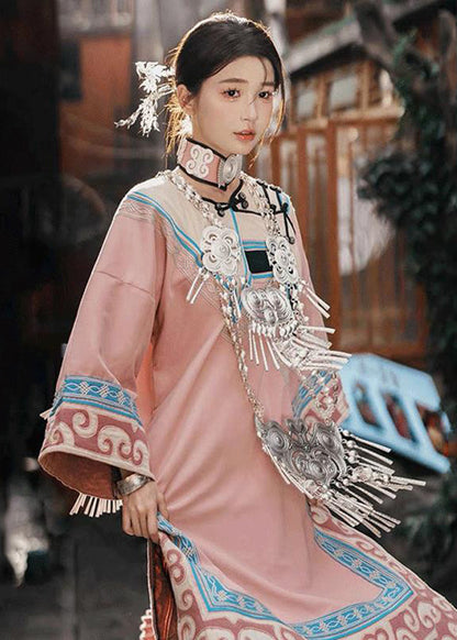 Chinese Style Pink Embroideried Wrinkled Cotton Two Pieces Set Fall