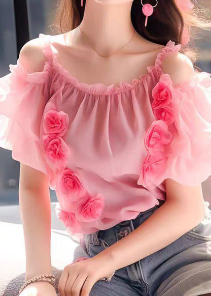 Pink Ruffled Wrinkled Chiffon Top Short Sleeve