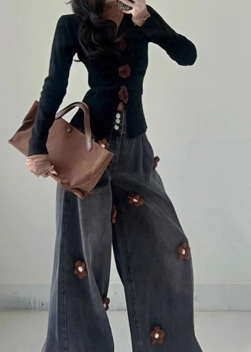 Fitted Light Blue Oversized Denim Wide Leg Pants Fall
