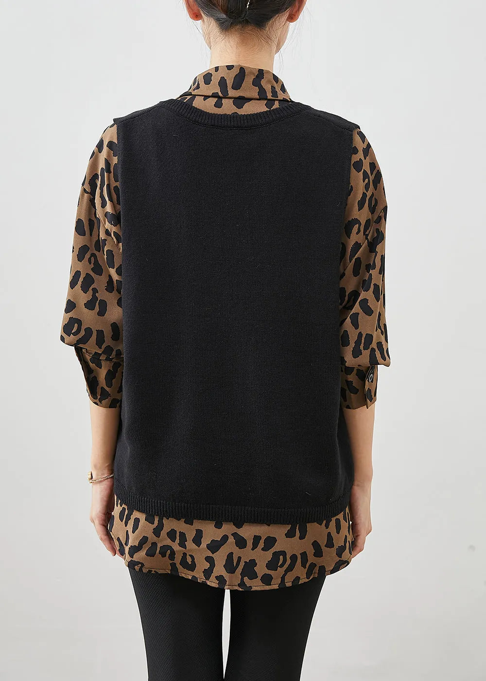 Natural Oversized Leopard Print Knit Vest and Shirt Two Pieces Set Winter