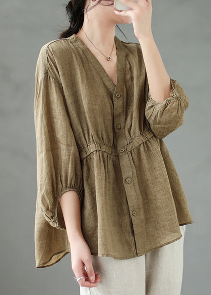 Loose Coffee Button Linen Shirt Bracelet Sleeve