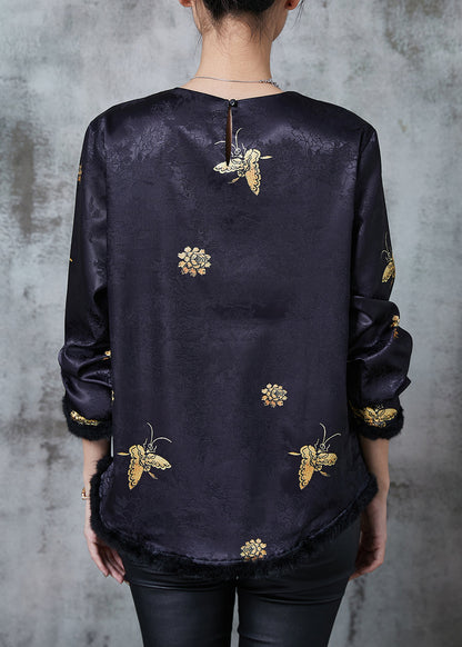 Black Jacquard Butterfly Silk Shirts Spring