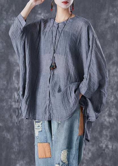 Grey Oversized Linen Blouses Batwing Sleeve