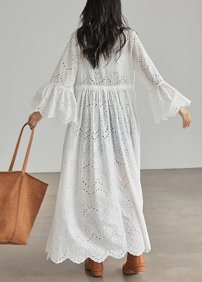 Loose White V Neck Patchwork Hollow Out Cardigans Flare Sleeve