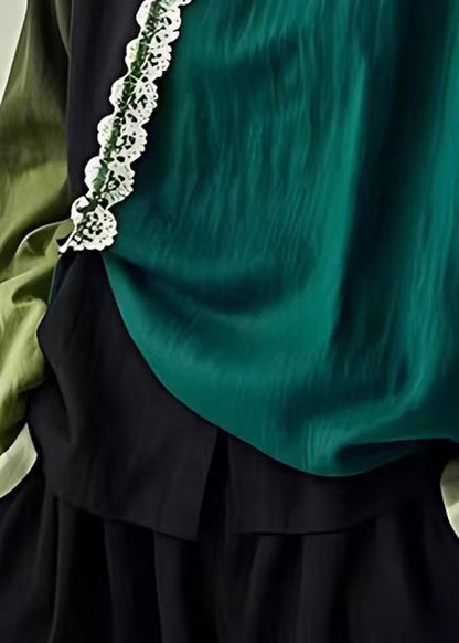 Blackish Green Peter Pan Collar Hollow Out Linen Blouse Long Sleeve