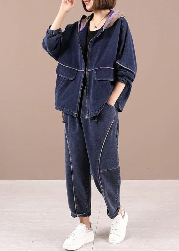 Loose Hooded Zippered Fall Two Pieces Set