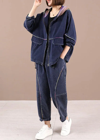 Loose Hooded Zippered Fall Two Pieces Set