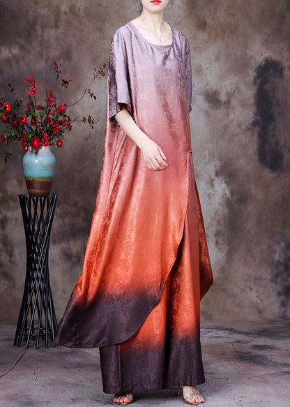 Orange Gradient Color Asymmetrical Design Jacquard Silk Two Piece Set Summer