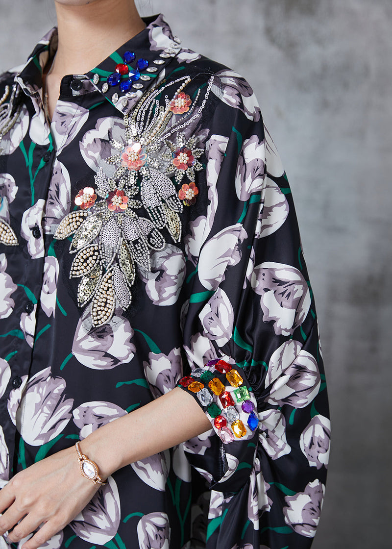 Diy Black Sequins Print Low High Design Cotton Shirt Tops Fall