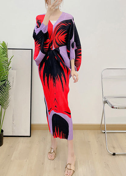 Red V Neck Print Wrinkled Vestidos Dress Long Sleeve