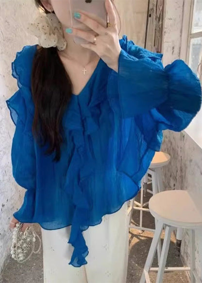 Blue Tops V Neck Asymmetrical Patchwork Fall