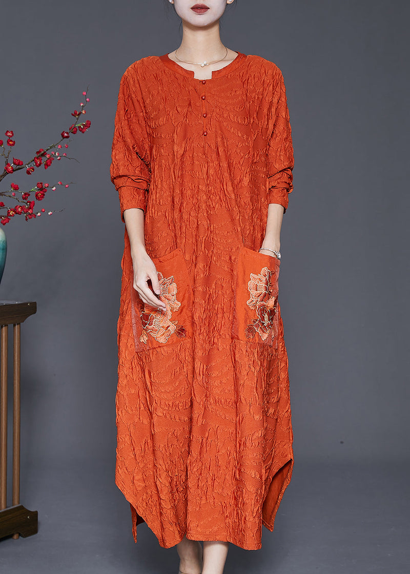 Orange Embroideried Wrinkled Silk Ankle Dress Fall