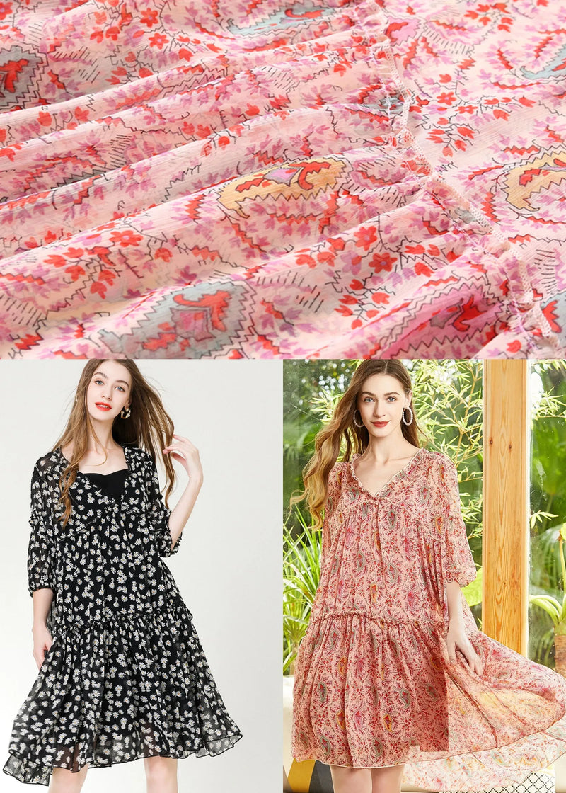 Black Ruffled Print Chiffon Beach Dresses Bracelet Sleeve