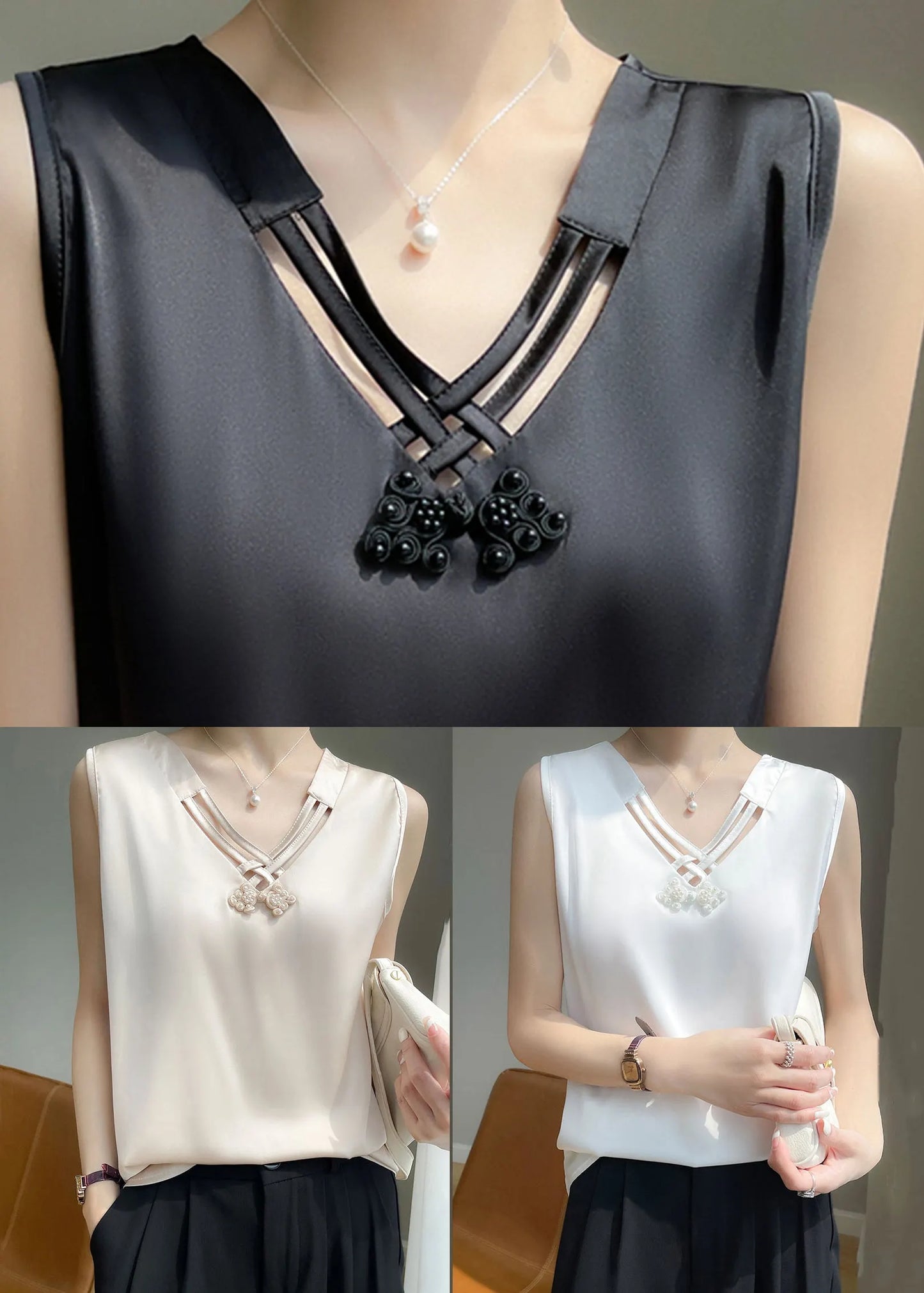White Nail Bead Silk Tank V Neck Sleeveless