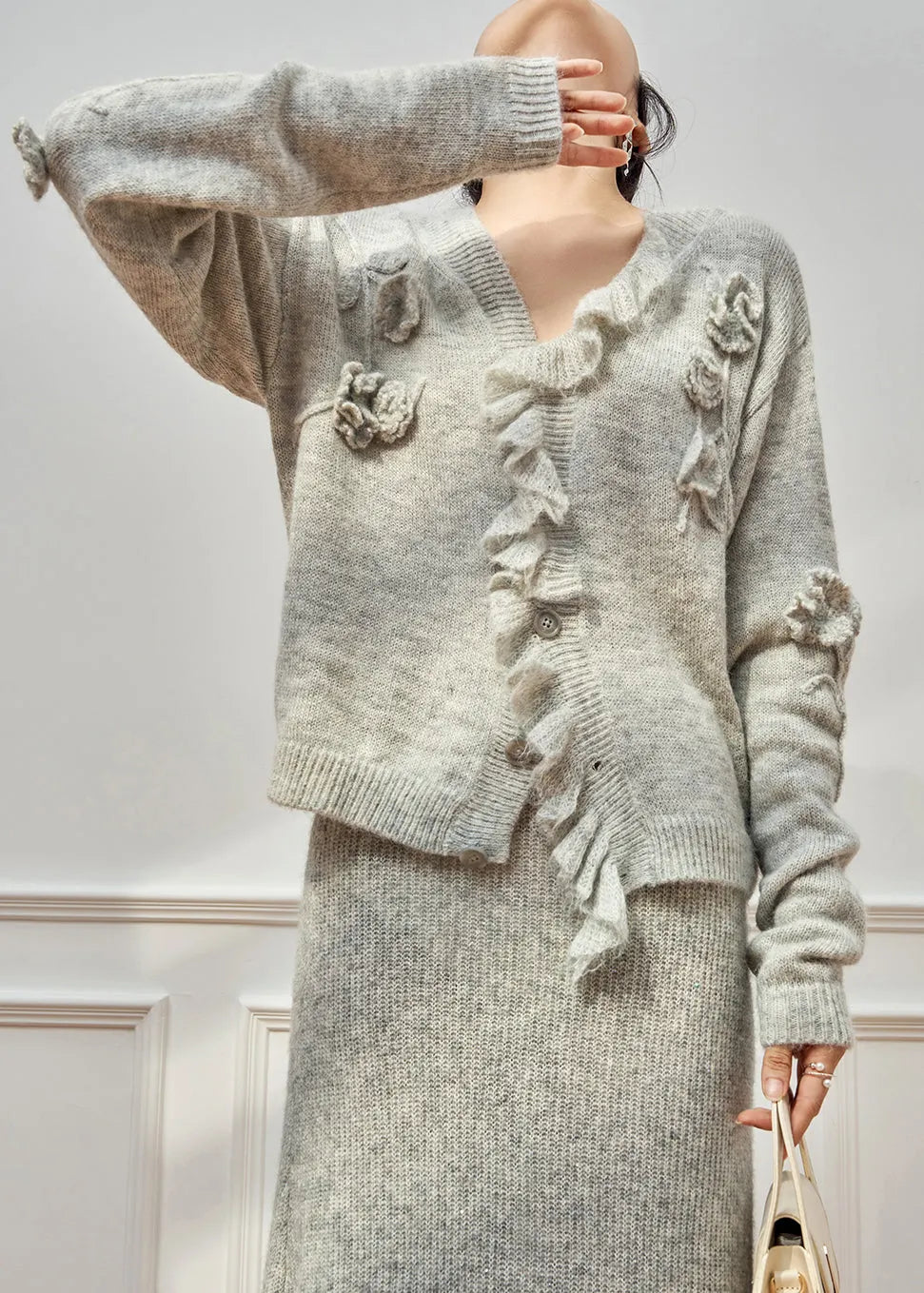 Grey Ruffled Hollow Out Knit Two Piece Set Winter