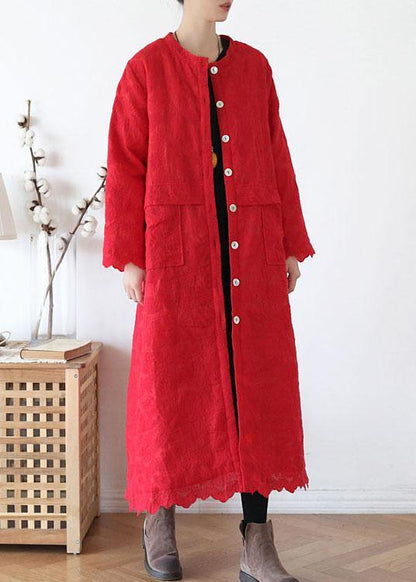 Red Stand Button Fall Long Sleeve Coats