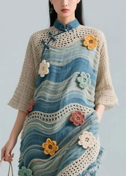 Blue Striped Hollow Out Knit Patchwork Blouses Bracelet Sleeve