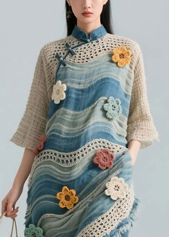Blue Striped Hollow Out Knit Patchwork Blouses Bracelet Sleeve