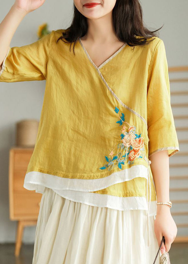 Yellow Embroideried Lace Up Linen T Shirt Half Sleeve