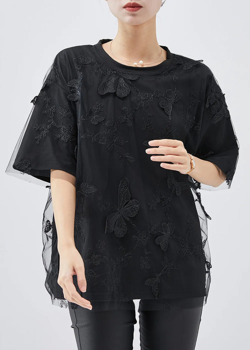 Black Embroideried Butterfly Tulle Tops Summer