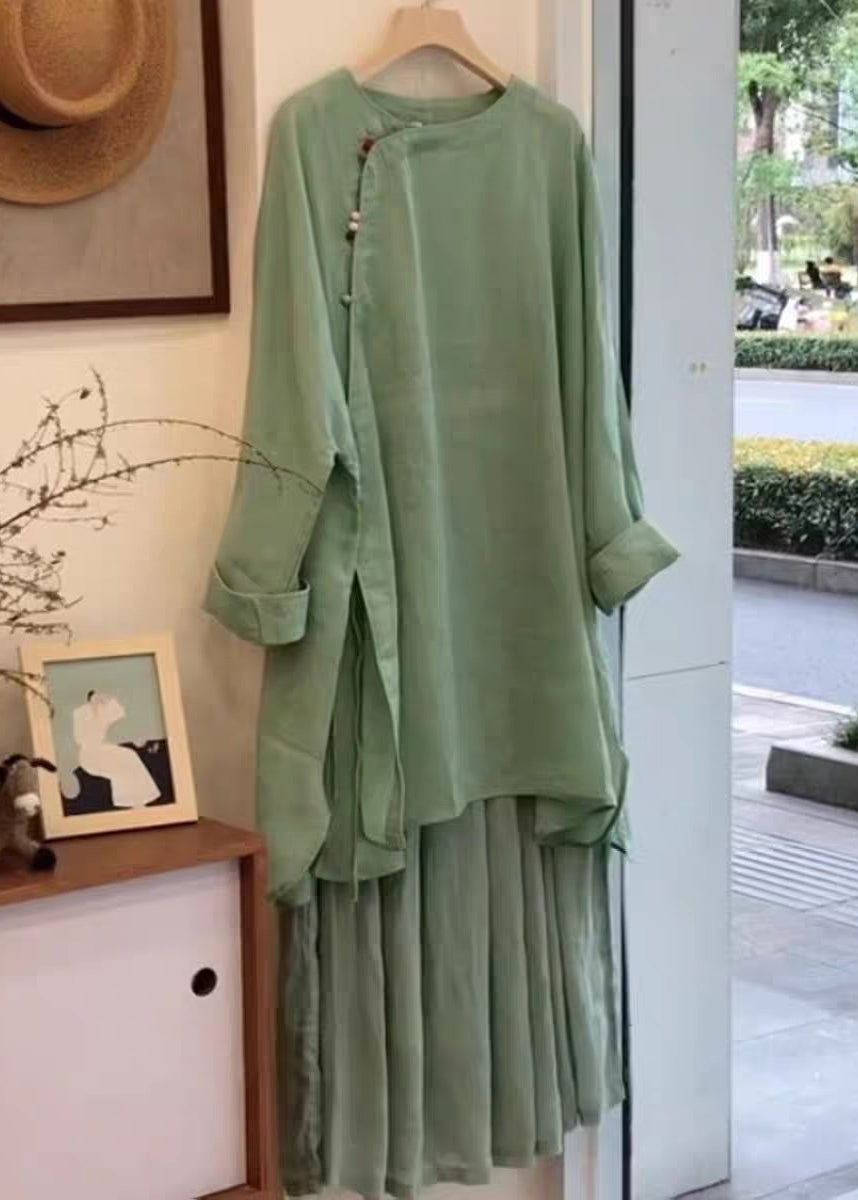 Green Button Side Open Blouses and Skirts Linen Two Pieces Set Fall