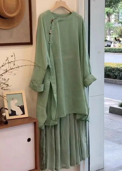Green Button Side Open Blouses and Skirts Linen Two Pieces Set Fall