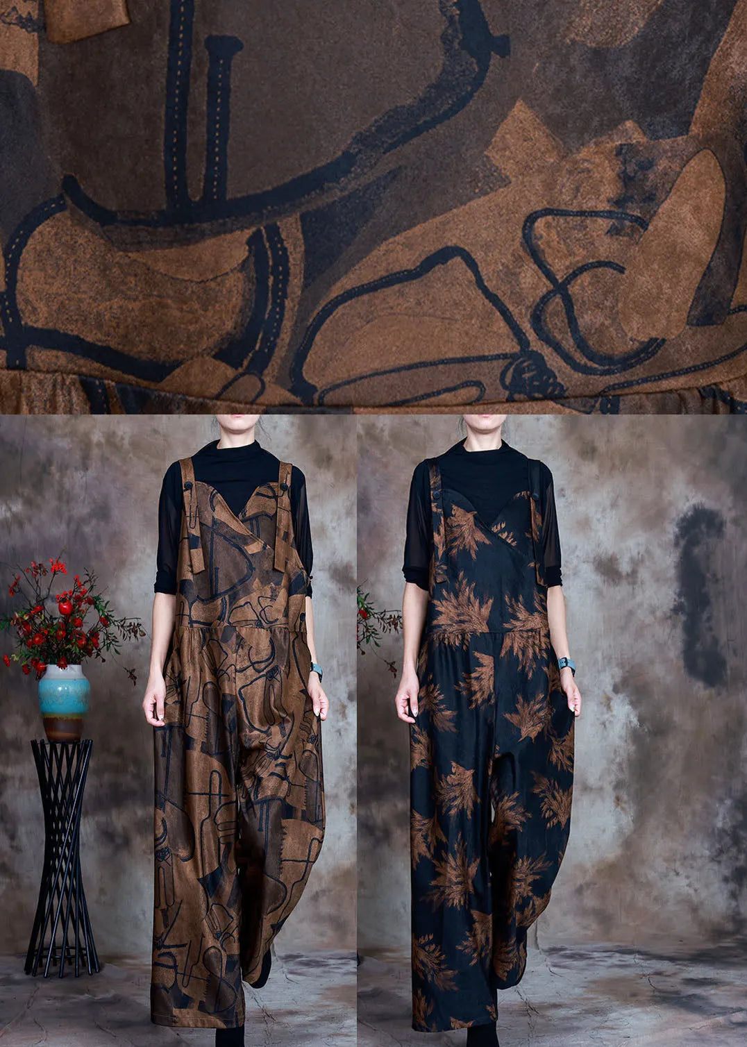 Chocolate Button Patchwork Fall Retro Jumpsuit Pants