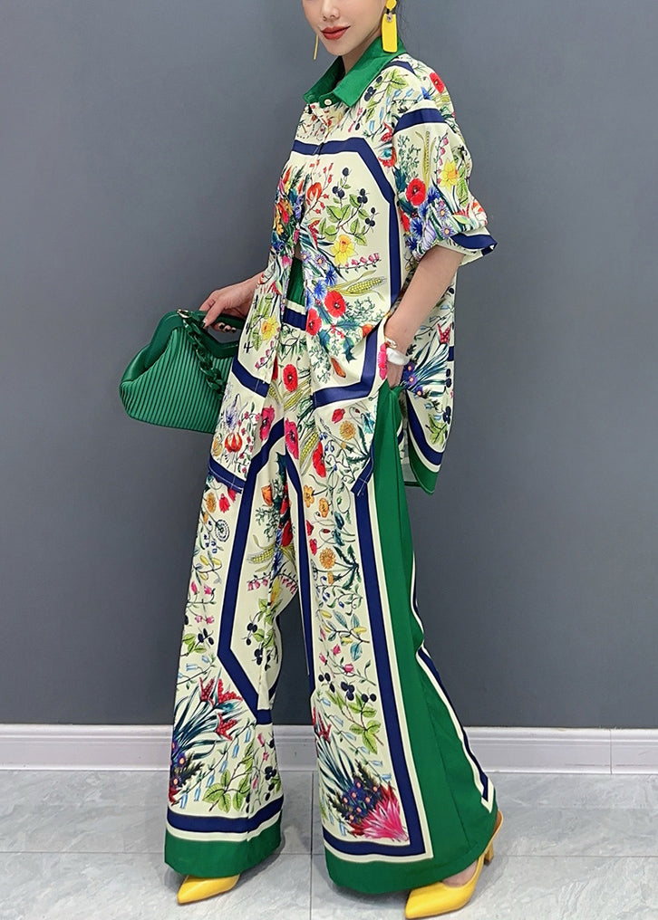 French Green Print Tops and Wide Leg Pants Cotton Two Pieces Set Summer