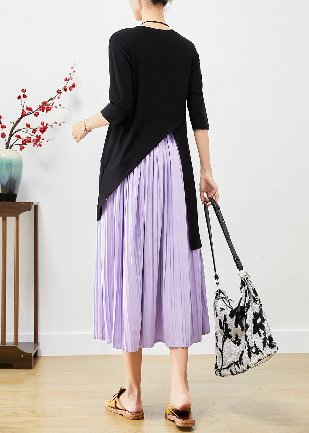 Style Asymmetrical Side Open Cotton Tops and Pleated Skirts Two Pieces Set Half Sleeve