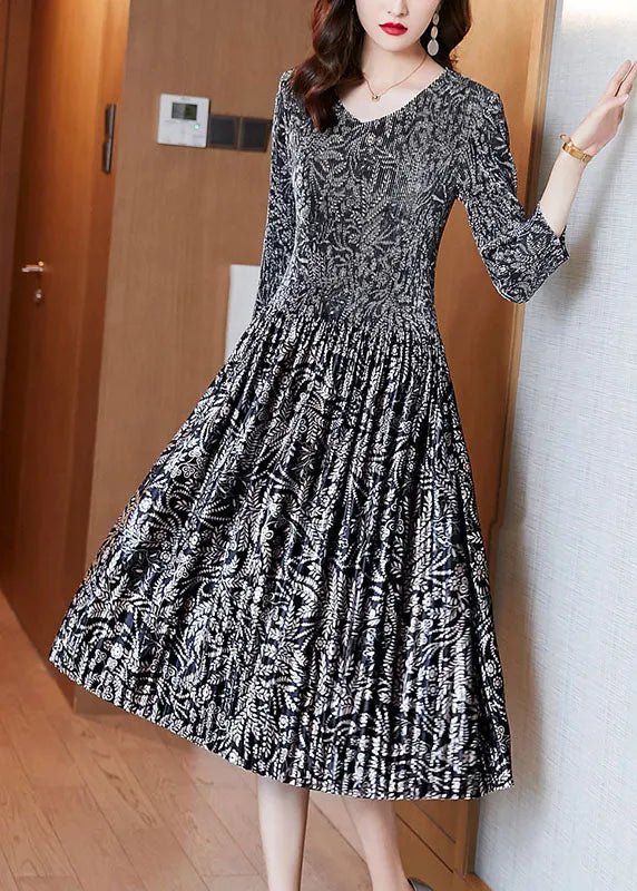 V Neck Print Velour Dresses Spring