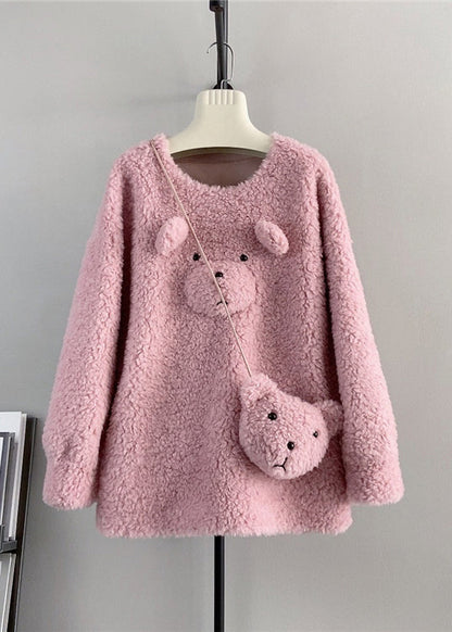 Coffee O Neck Wool Loose Teddy Bear Winter Pullover
