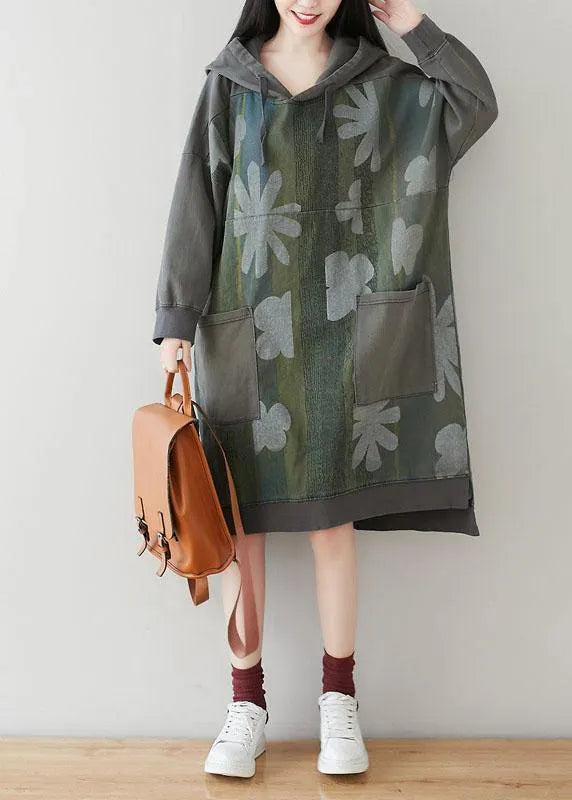 Unique Grey Hooded Pockets Patchwork Print Spring Sweatshirt Dress