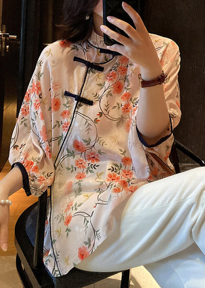 Pink Print Button Side Open Chiffon Shirt Bracelet Sleeve