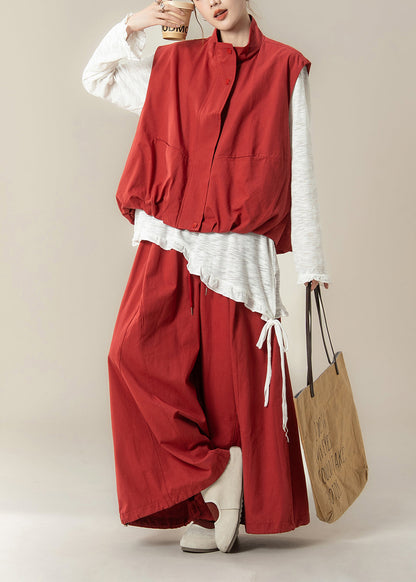 Autumn New Red Stand Collar Vest Asymmetrical T-shirt Wide Leg Pants Set