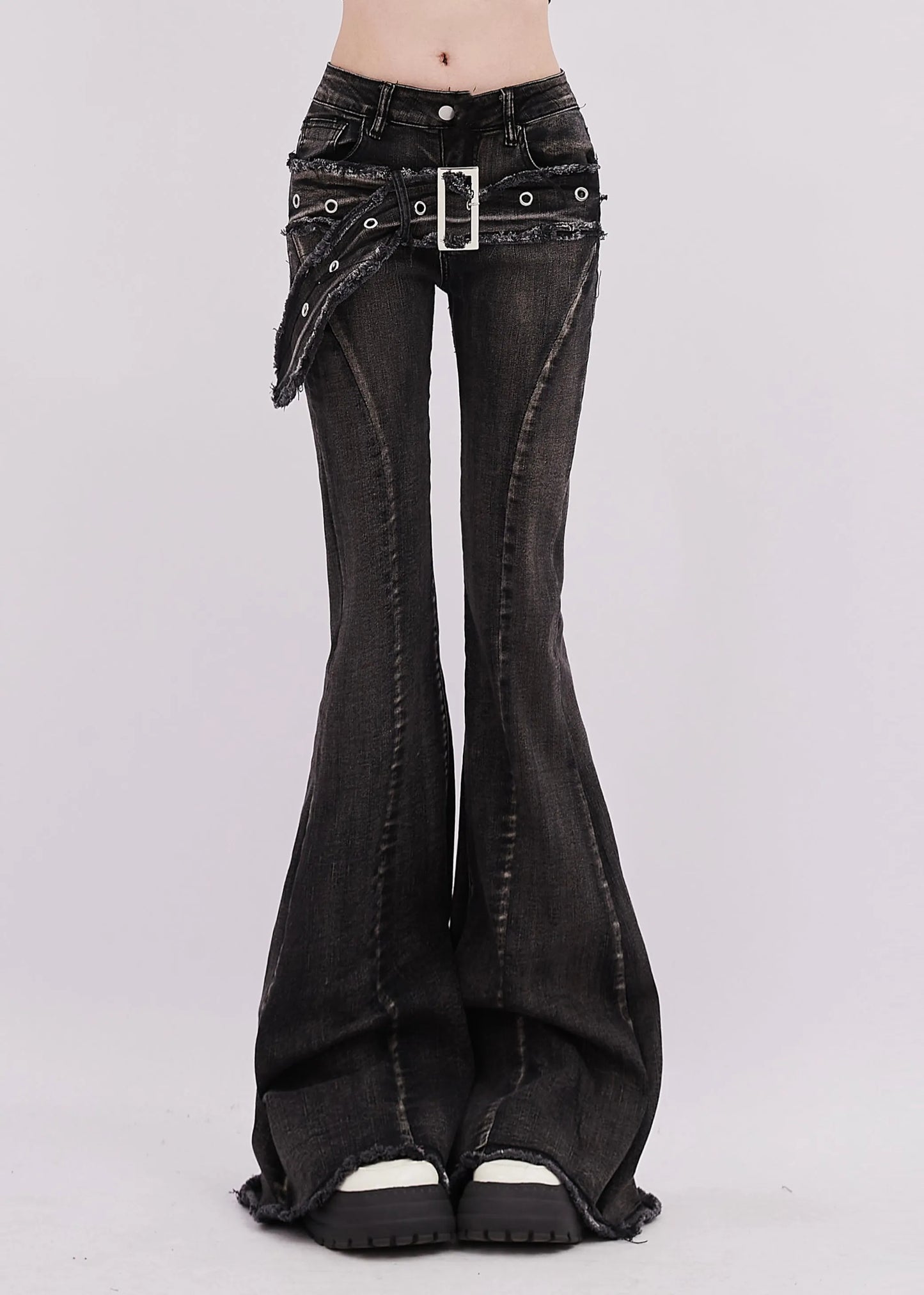 Silm Fit Black Asymmetrical Denim Bell-bottom Trousers Spring